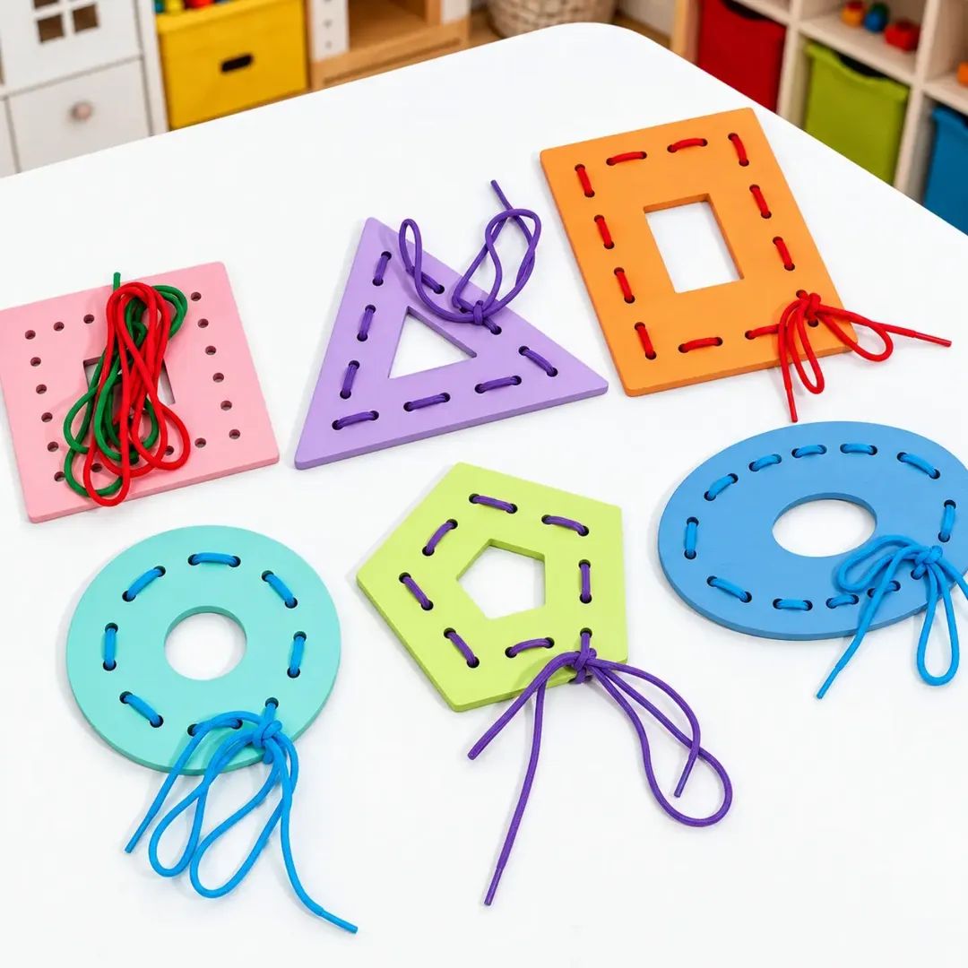 Wooden Multicolor Geometric Shapes Threading Activity Set