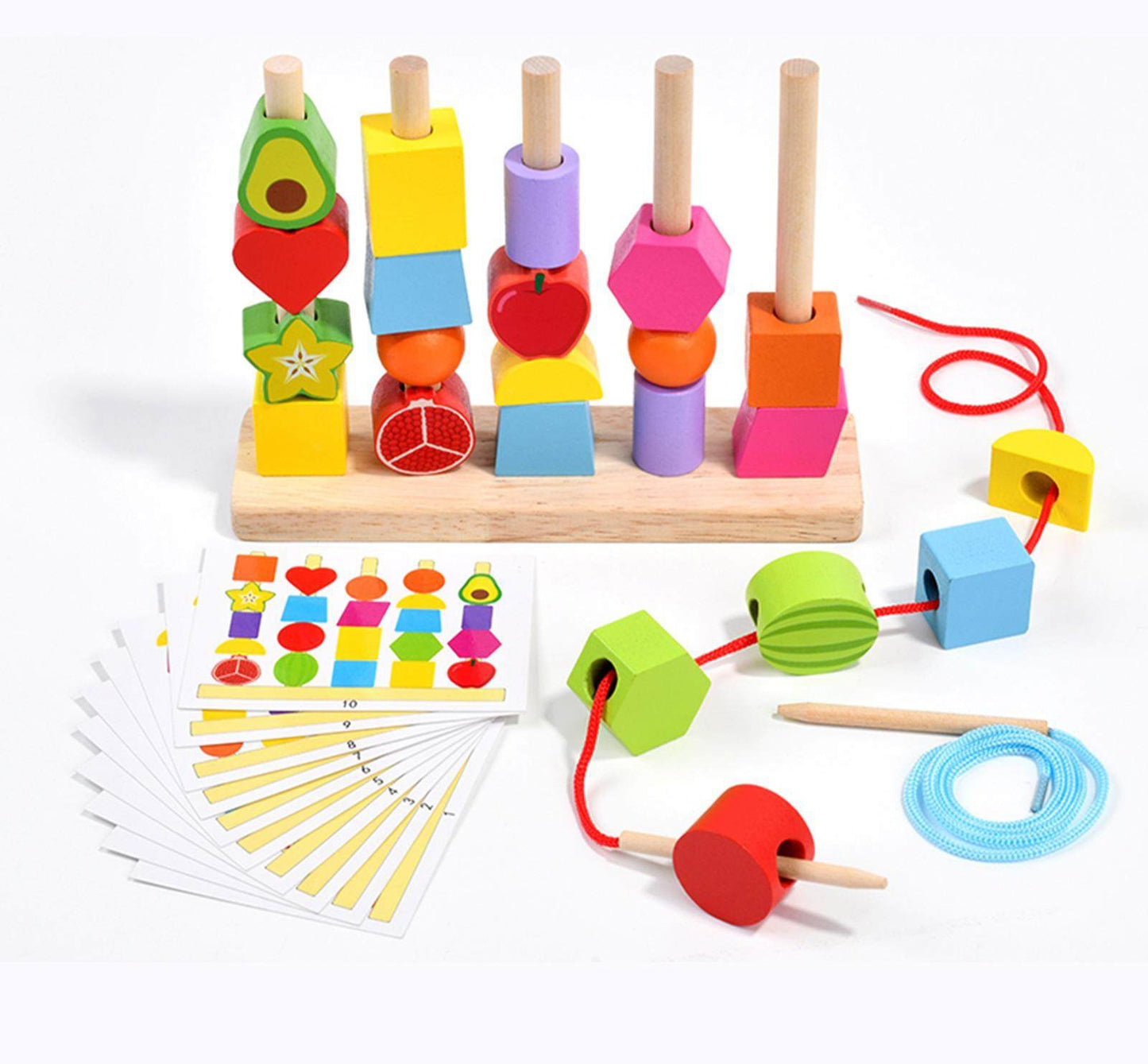 Wooden Montessori Fruits & Shapes Sequence with Lacing Pattern