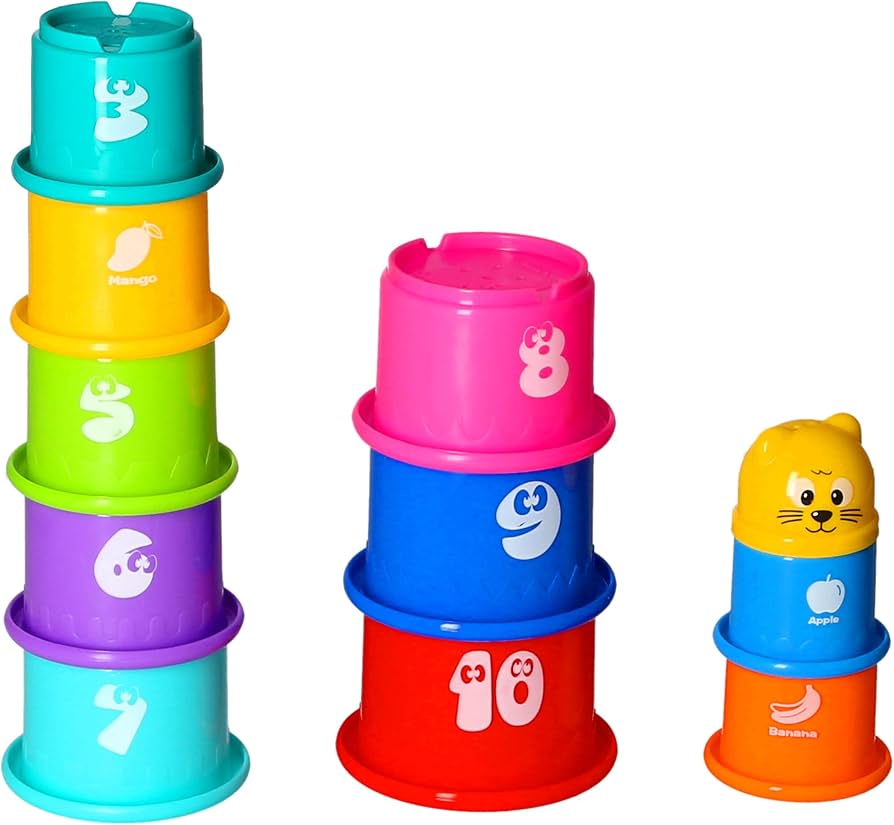 Colorful Stacking Cups with Numbers and Fruit Names