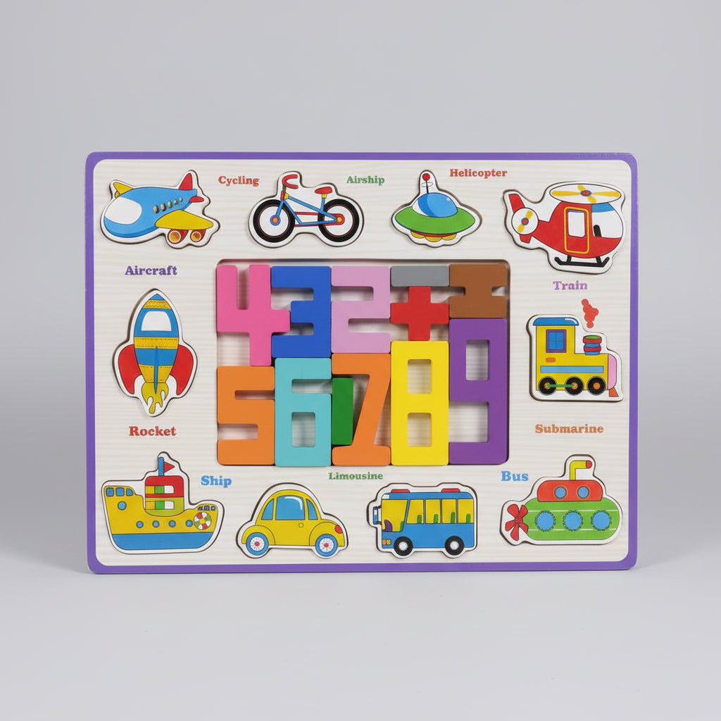2-in-1 Number & Transport Wooden Puzzle Board