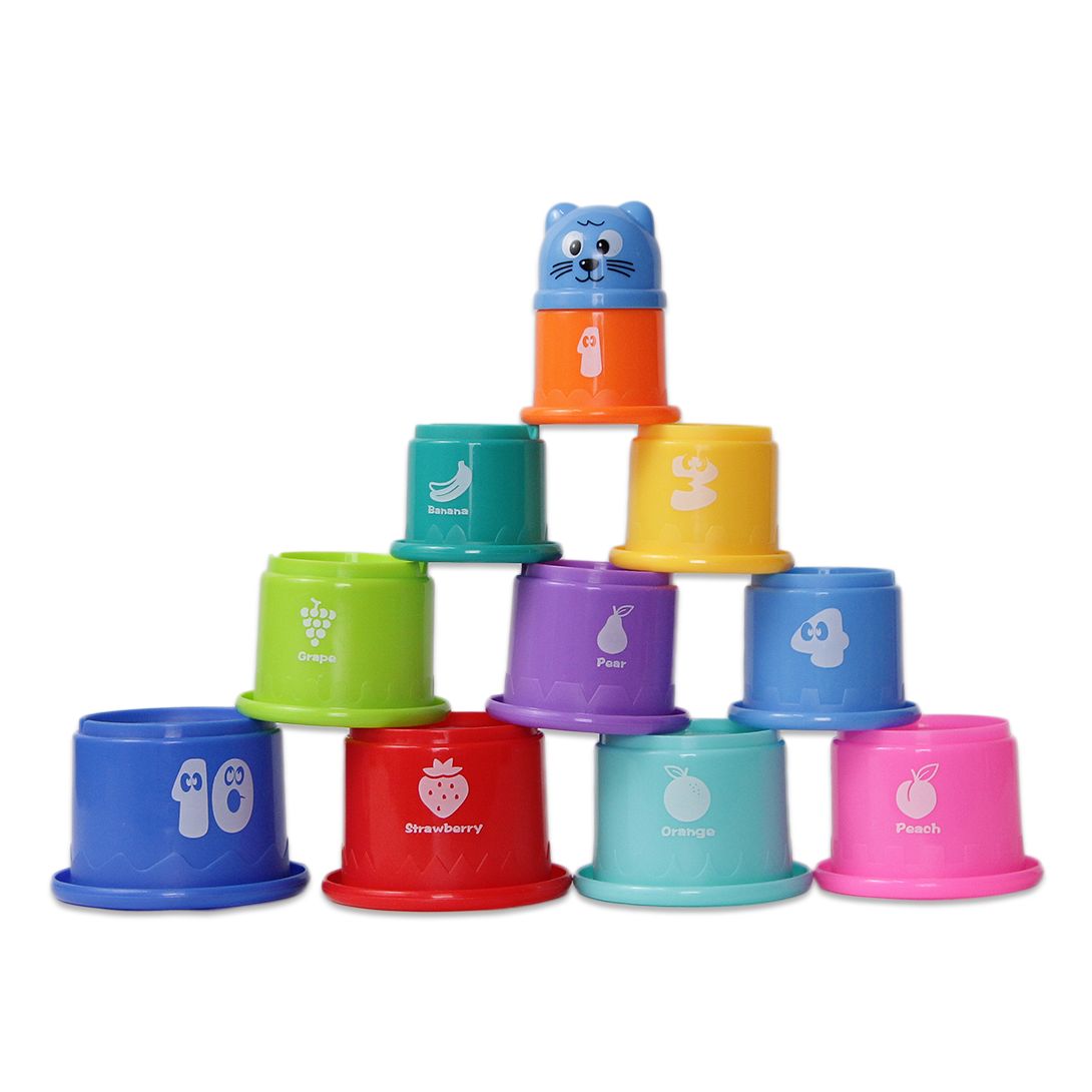 Colorful Stacking Cups with Numbers and Fruit Names