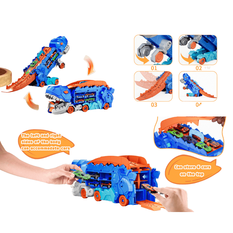 Dinosaur Truck Blue: Sliding Car Launcher & Transport Carrier Toy