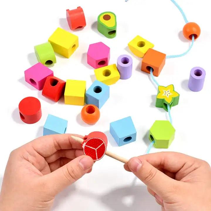 Wooden Montessori Fruits & Shapes Sequence with Lacing Pattern