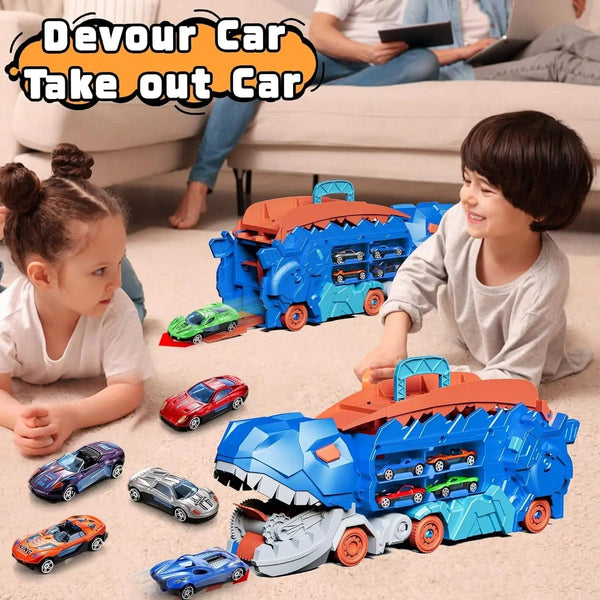 Dinosaur Truck Blue: Sliding Car Launcher & Transport Carrier Toy