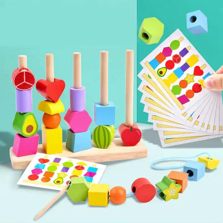 Wooden Montessori Fruits & Shapes Sequence with Lacing Pattern