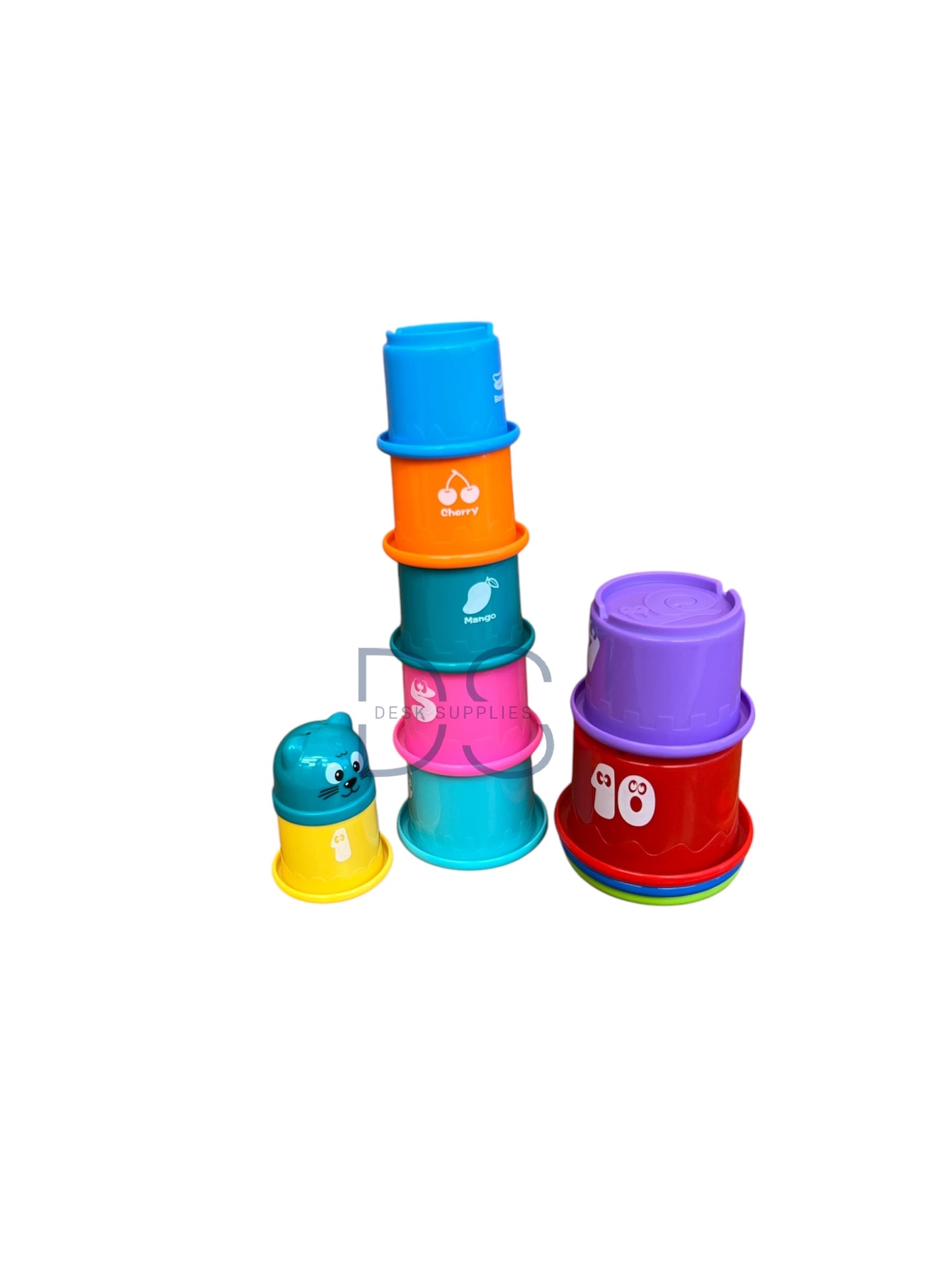 Colorful Stacking Cups with Numbers and Fruit Names