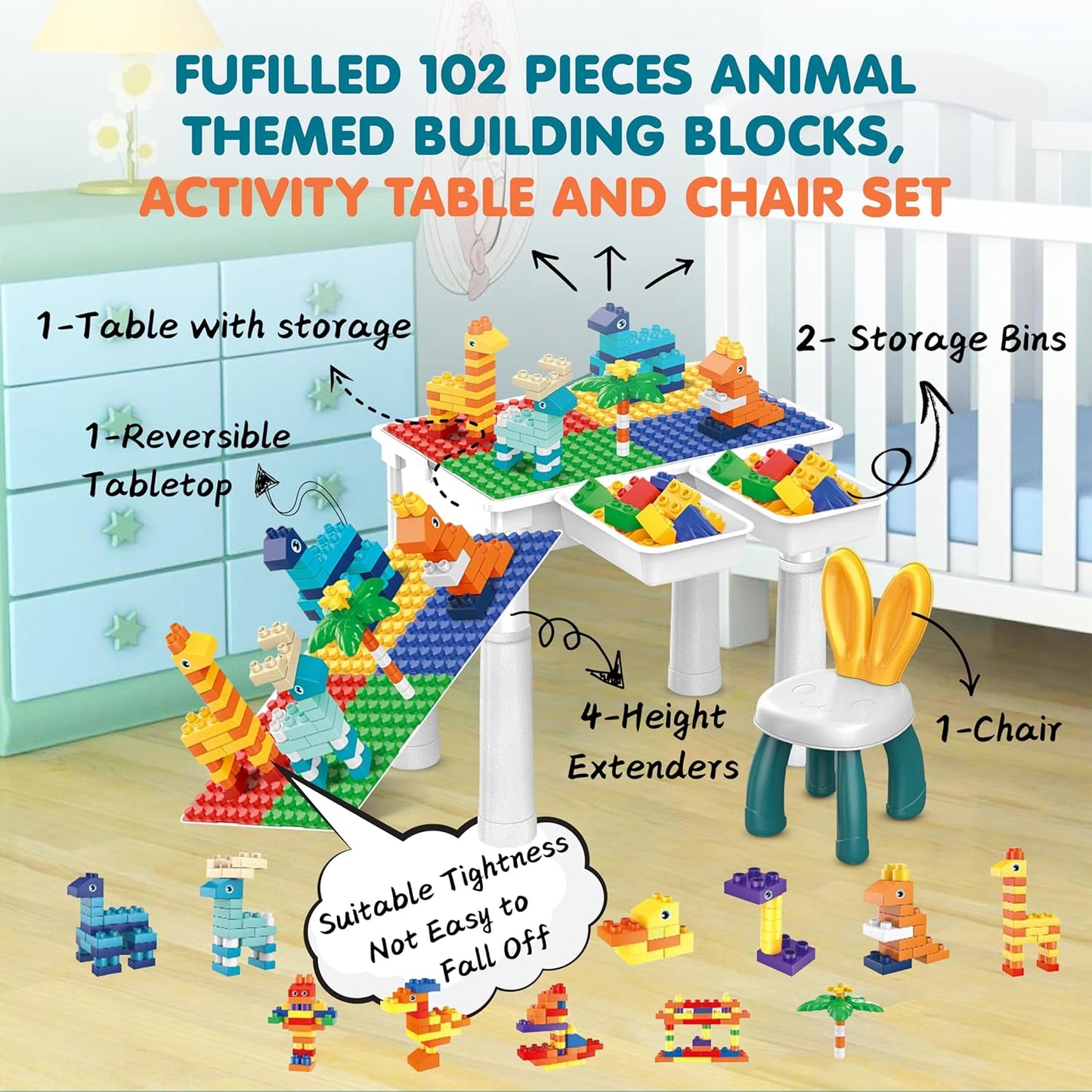 Kids Building Blocks Table with Chair & Learning Station (102 Pcs)