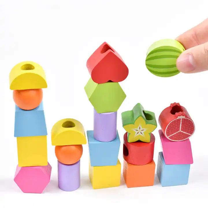 Wooden Montessori Fruits & Shapes Sequence with Lacing Pattern