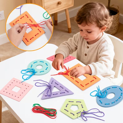 Wooden Multicolor Geometric Shapes Threading Activity Set
