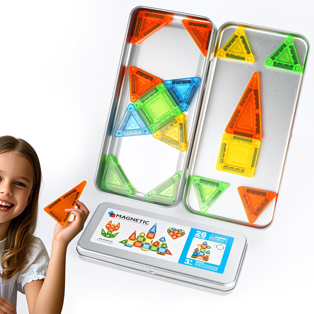 Mini Magnetic Tiles Travel Set – 26 pieces (Tin Box)