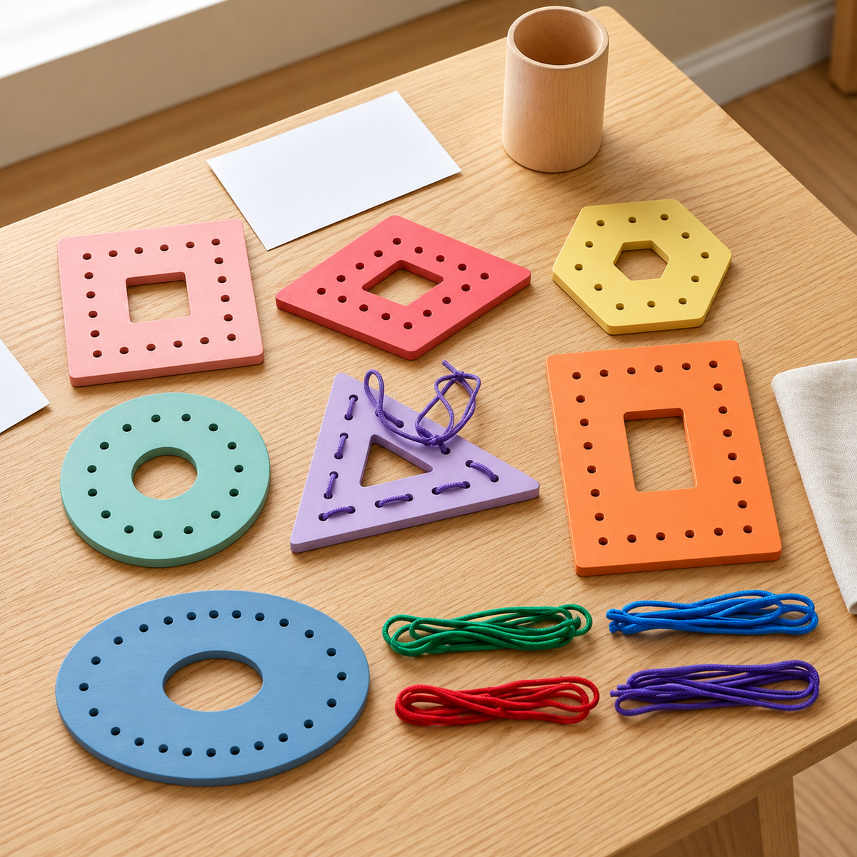 Wooden Multicolor Geometric Shapes Threading Activity Set