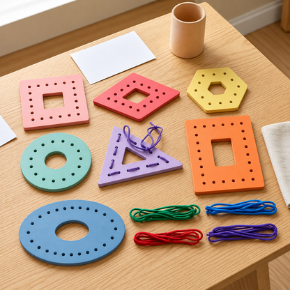 Wooden Multicolor Geometric Shapes Threading Activity Set