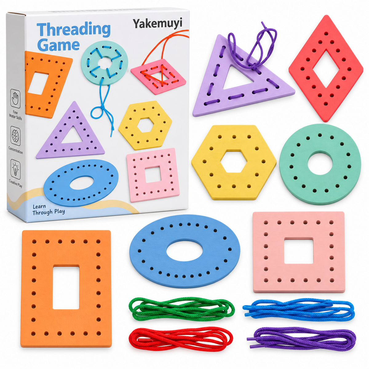 Wooden Multicolor Geometric Shapes Threading Activity Set