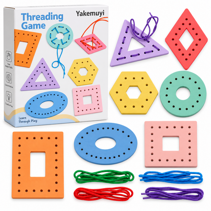 Wooden Multicolor Geometric Shapes Threading Activity Set