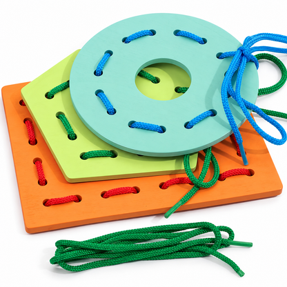 Wooden Multicolor Geometric Shapes Threading Activity Set