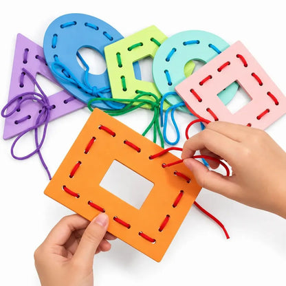 Wooden Multicolor Geometric Shapes Threading Activity Set
