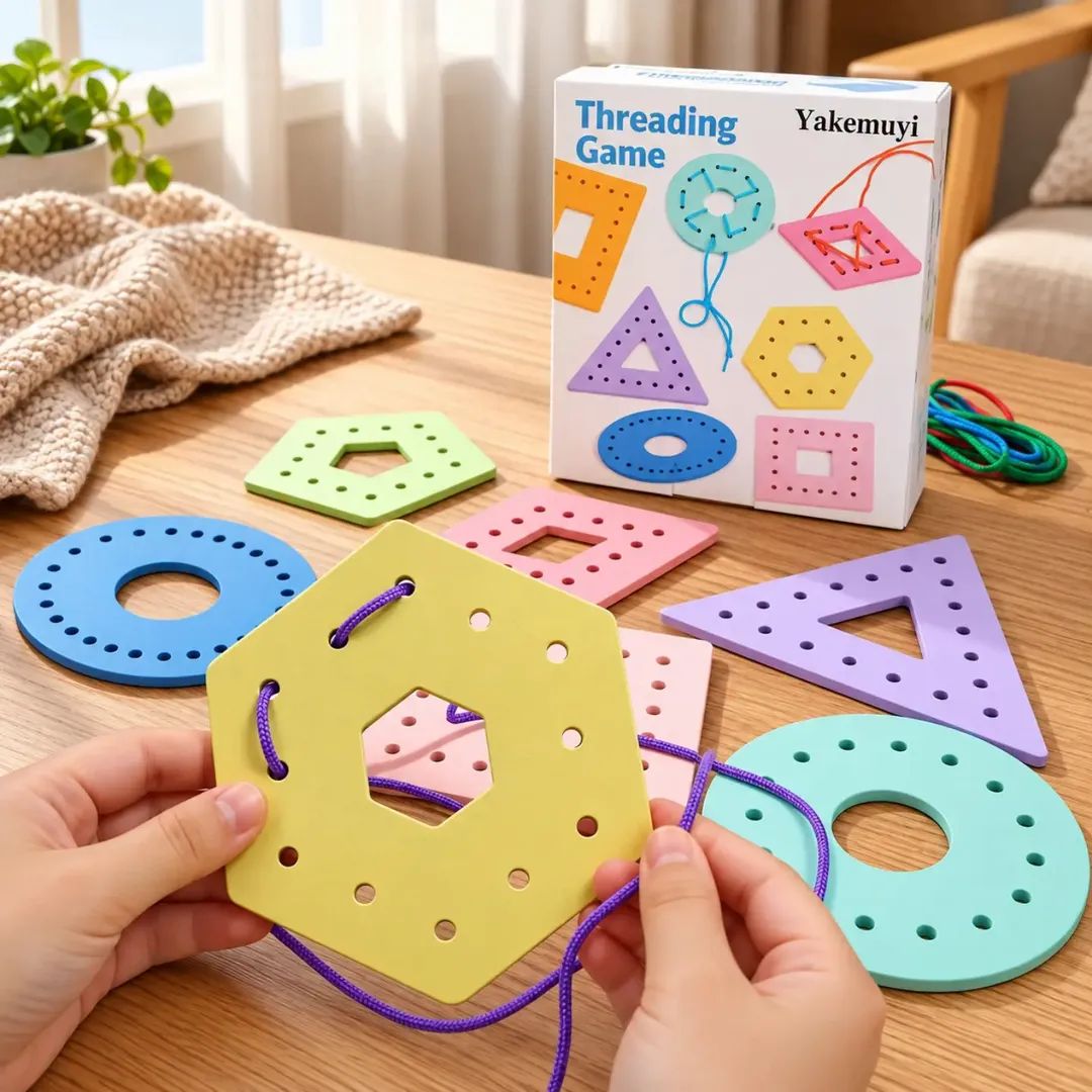 Wooden Multicolor Geometric Shapes Threading Activity Set