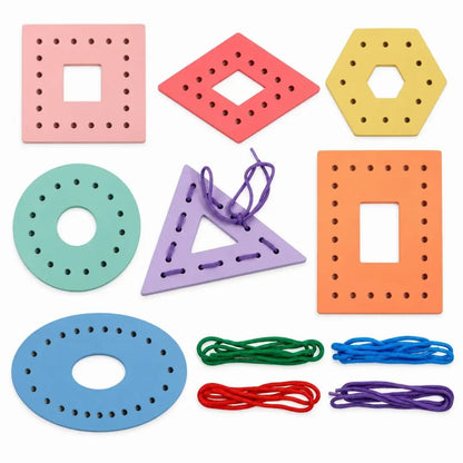 Wooden Multicolor Geometric Shapes Threading Activity Set