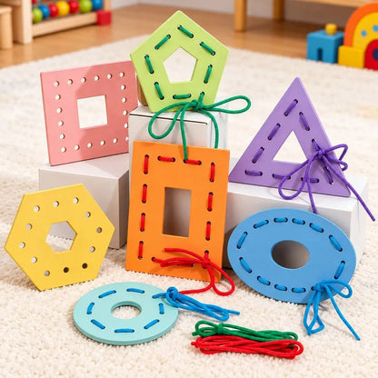 Wooden Multicolor Geometric Shapes Threading Activity Set