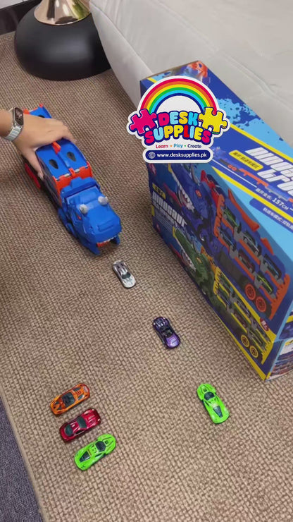 2-in-1 Foldable Dinosaur Truck With 6 pcs Cars and Racing Track