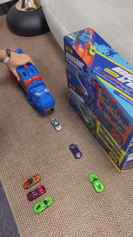 2-in-1 Foldable Dinosaur Truck With 6 pcs Cars and Racing Track