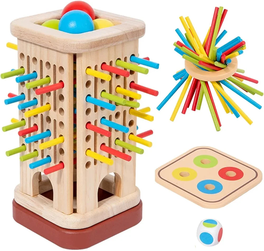 Wooden 3 in 1 Multi-Functional Stick Pulling Ball Drop Tower Balance Activity Toy