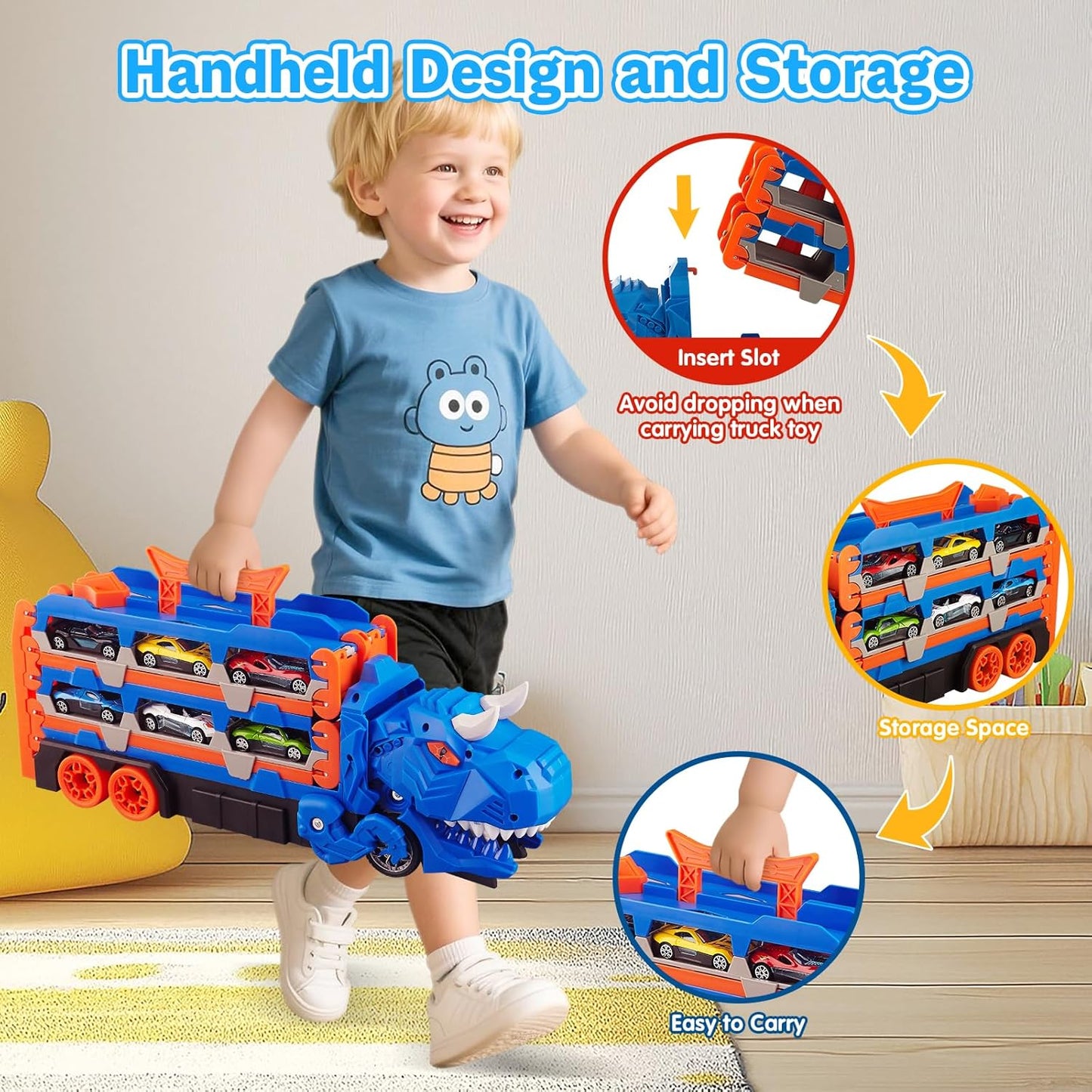 2-in-1 Foldable Dinosaur Truck With 6 pcs Cars and Racing Track