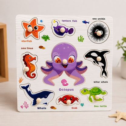 Wooden Marine Animals Knob Puzzle with White Board