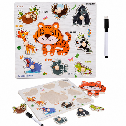 Wooden Wild Animals Knob Puzzle with White Board