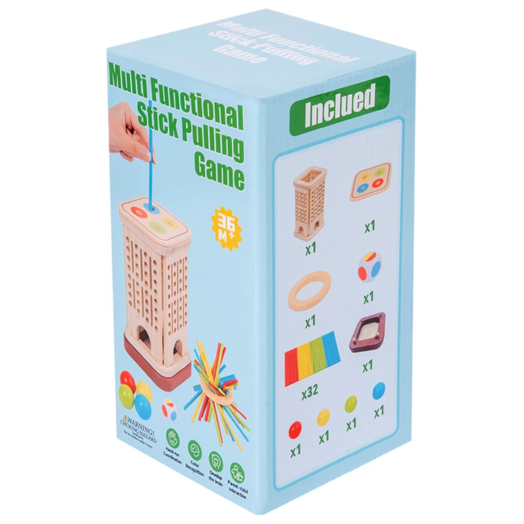 Wooden 3 in 1 Multi-Functional Stick Pulling Ball Drop Tower Balance Activity Toy