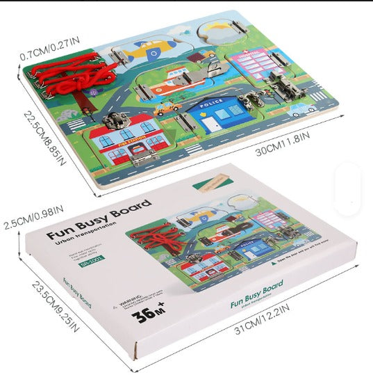Wooden Transport Themed Busy Board With Shoe Lacing Activity