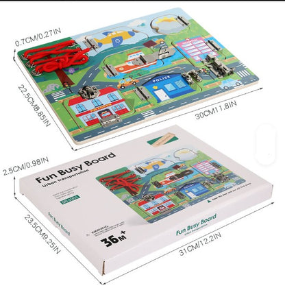 Wooden Transport Themed Busy Board With Shoe Lacing Activity