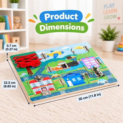Wooden Transport Themed Busy Board With Shoe Lacing Activity