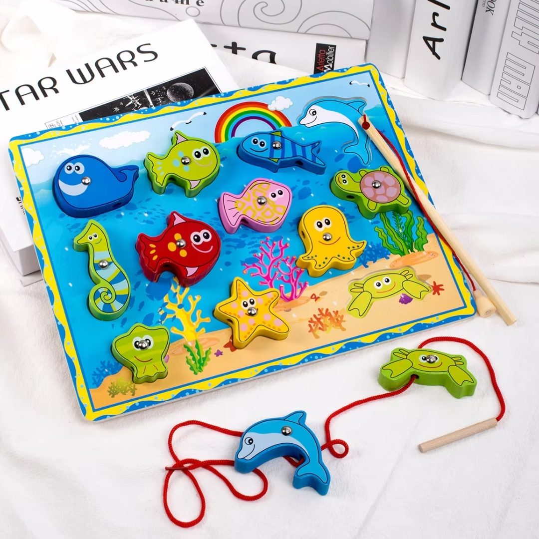 Wooden 3D Magnetic Fishing Puzzle with White Board