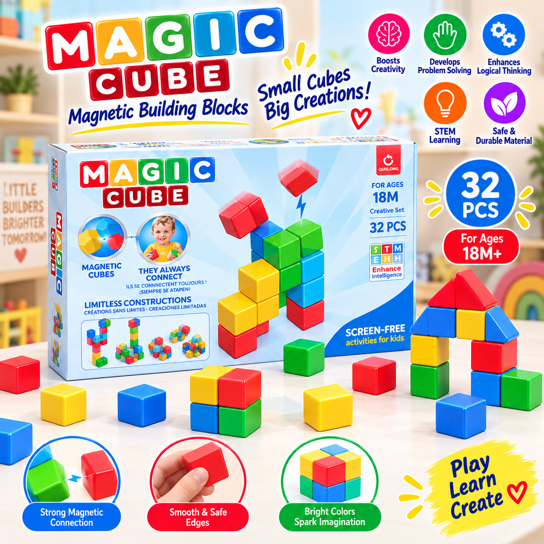 Large Magnetic Building Blocks – 32 Pieces (4.2 cm x 4.2 cm each)
