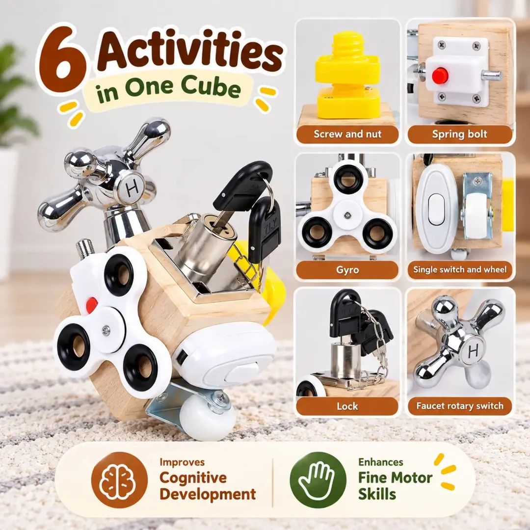 Wooden 6 in 1 Sensory Activity Interactive Busy Cube