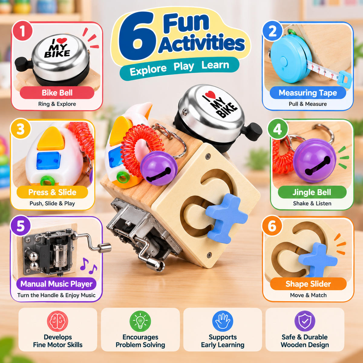 Wooden Montessori Sensory Activity Interactive Busy Cube