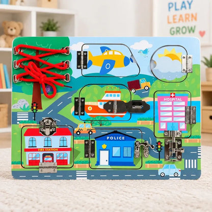 Wooden Transport Themed Busy Board With Shoe Lacing Activity