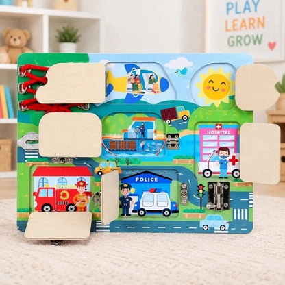 Wooden Transport Themed Busy Board With Shoe Lacing Activity
