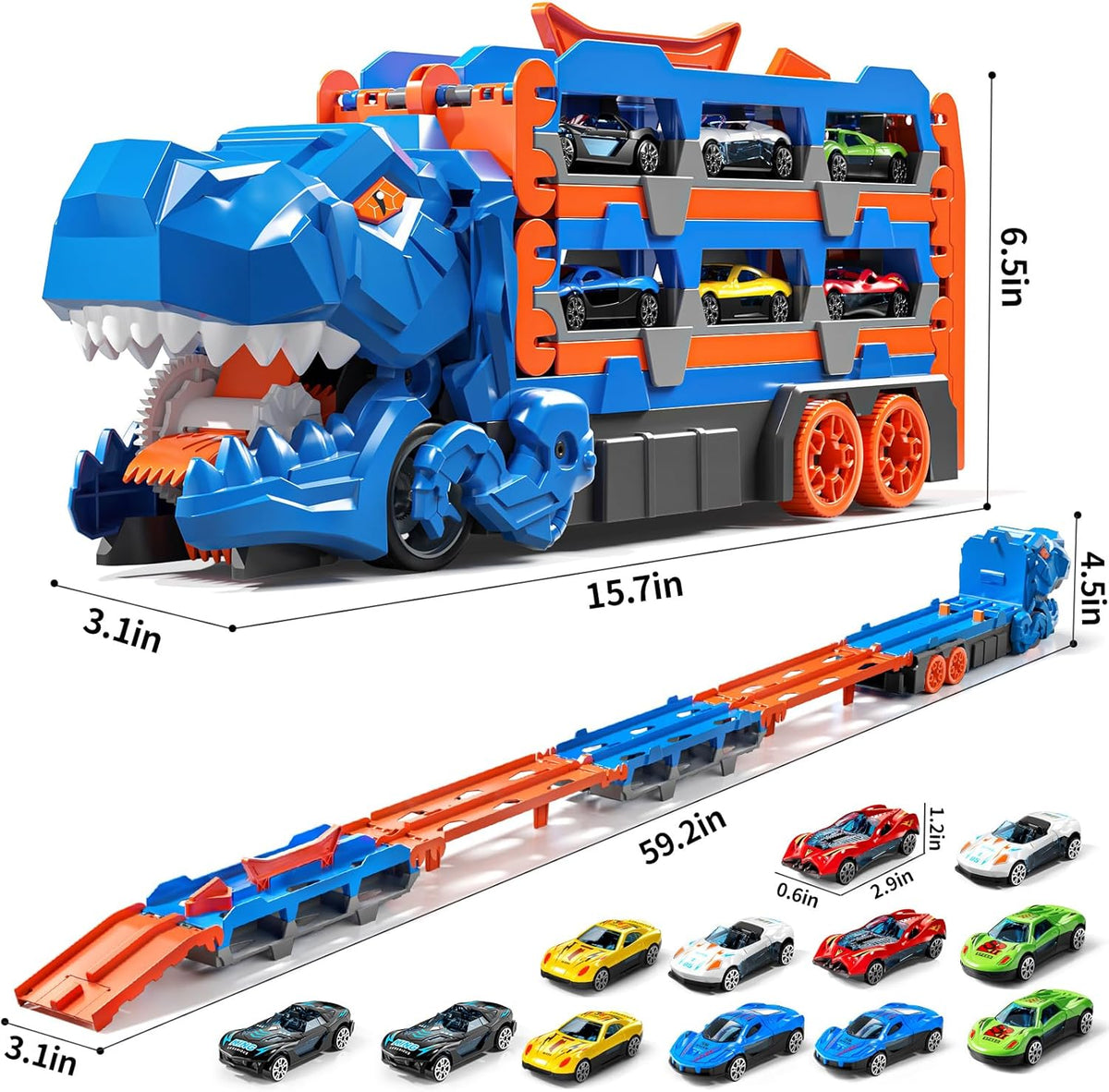 2-in-1 Foldable Dinosaur Truck With 6 pcs Cars and Racing Track