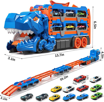 2-in-1 Foldable Dinosaur Truck With 6 pcs Cars and Racing Track