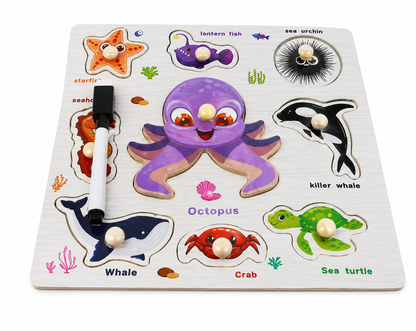 Wooden Marine Animals Knob Puzzle with White Board