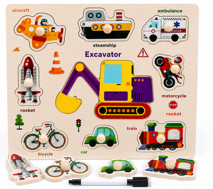 Wooden Means of Transportation Knob Puzzle with White Board