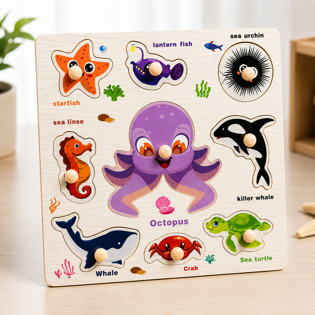 Wooden Marine Animals Knob Puzzle with White Board