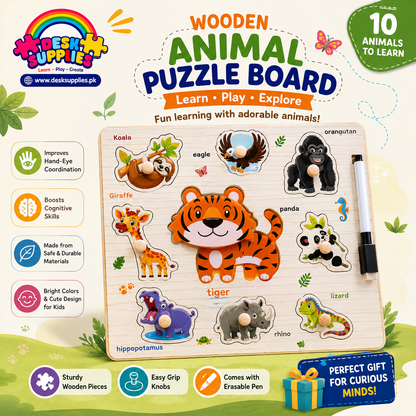 Wooden Wild Animals Knob Puzzle with White Board