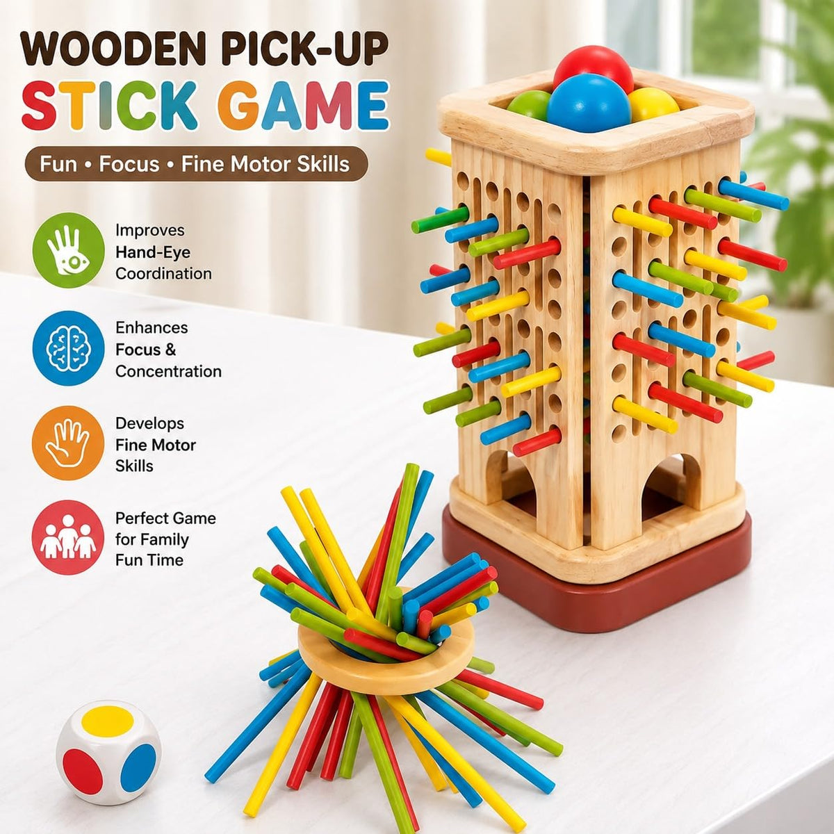 Wooden 3 in 1 Multi-Functional Stick Pulling Ball Drop Tower Balance Activity Toy