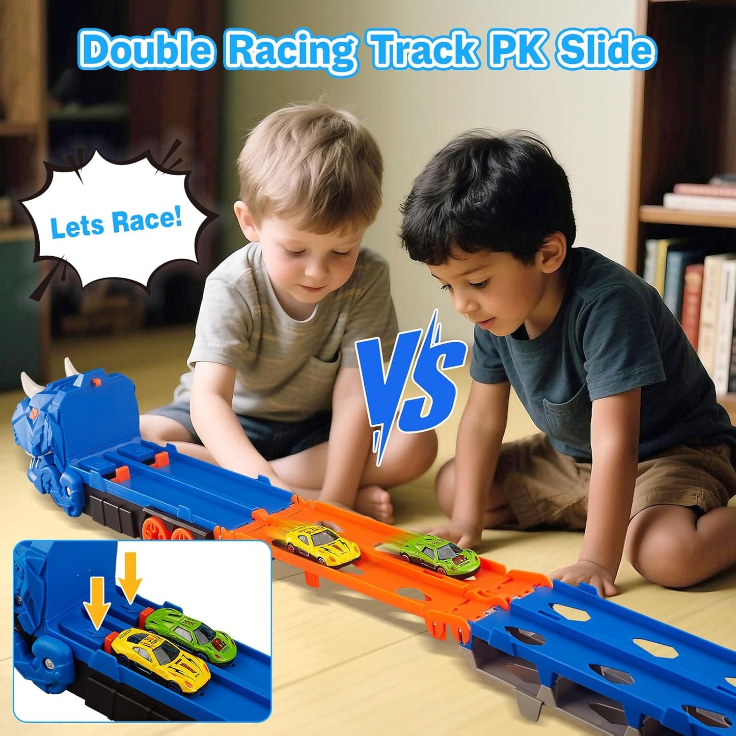 2-in-1 Foldable Dinosaur Truck With 6 pcs Cars and Racing Track