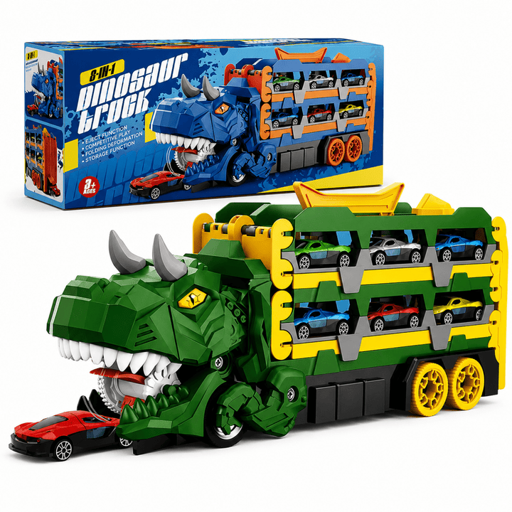 2-in-1 Foldable Dinosaur Truck With 6 pcs Cars and Racing Track