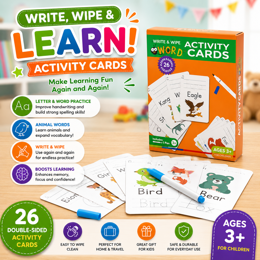 Word Write-and-Wipe Learning Cards – Reusable Early Learning Set