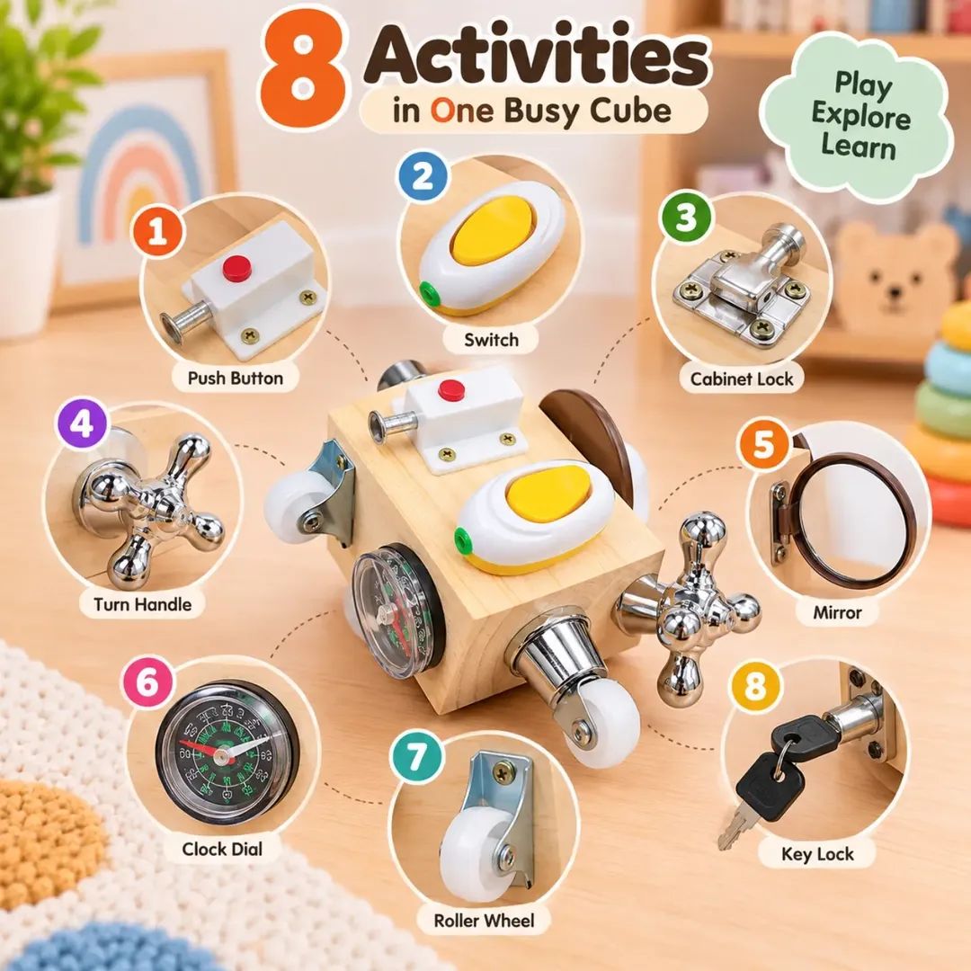 Wooden 8-IN-1 Sensory Activity Interactive Busy Cube